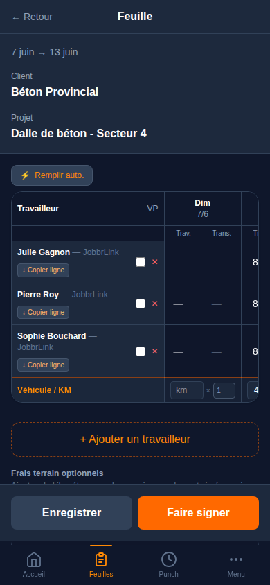 Saisie d'une feuille de temps : heures, transport, kilométrage par journée
